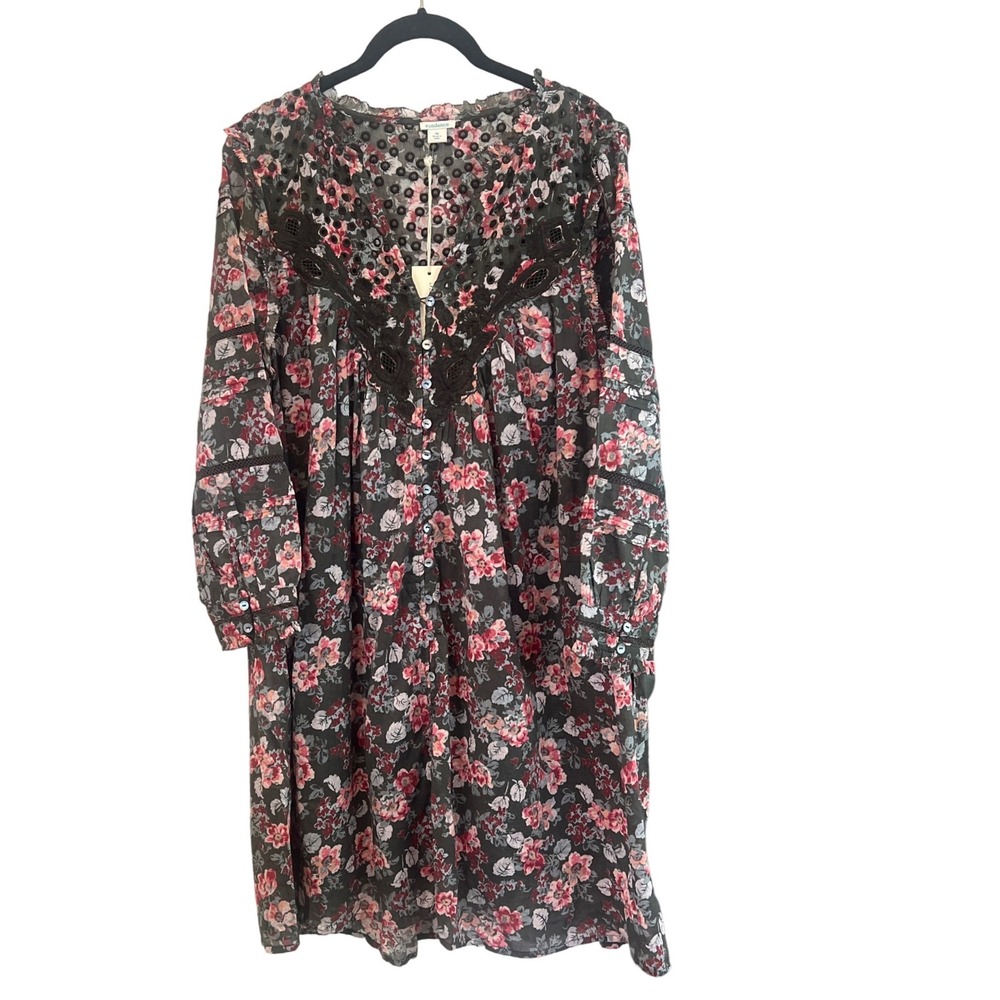 Sundance Floral Embroidered Eyelet Midi Dress Black Pink Cotton‎ Size M